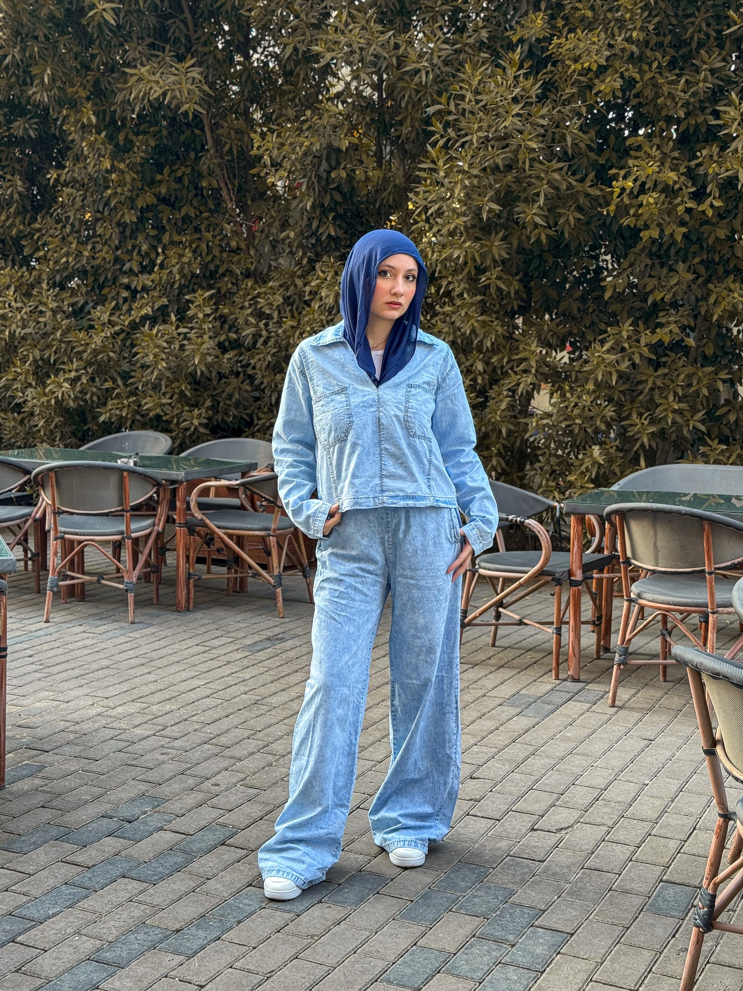 light blue denim suit