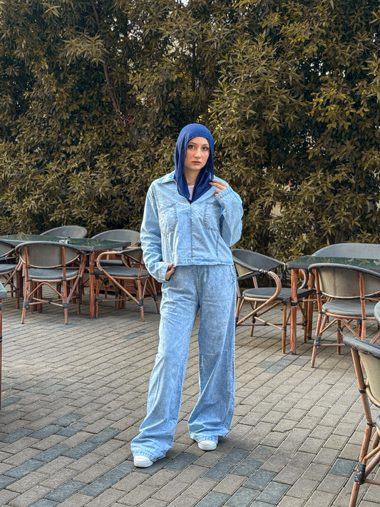 light blue denim suit